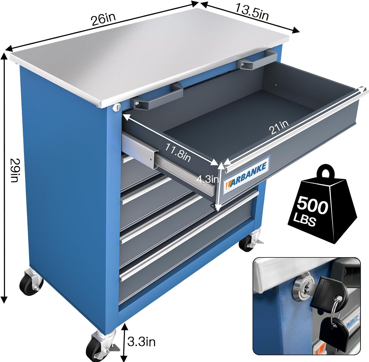 LARBANKE 5-Drawer Tool Chest & 8-Drawer Tool Cabinet with Stainless Steel Countertop, Locking System & Connection Buckle,Cabinet Featuring 360° Swivel Wheels with Brakes&Foot Pads,Blue