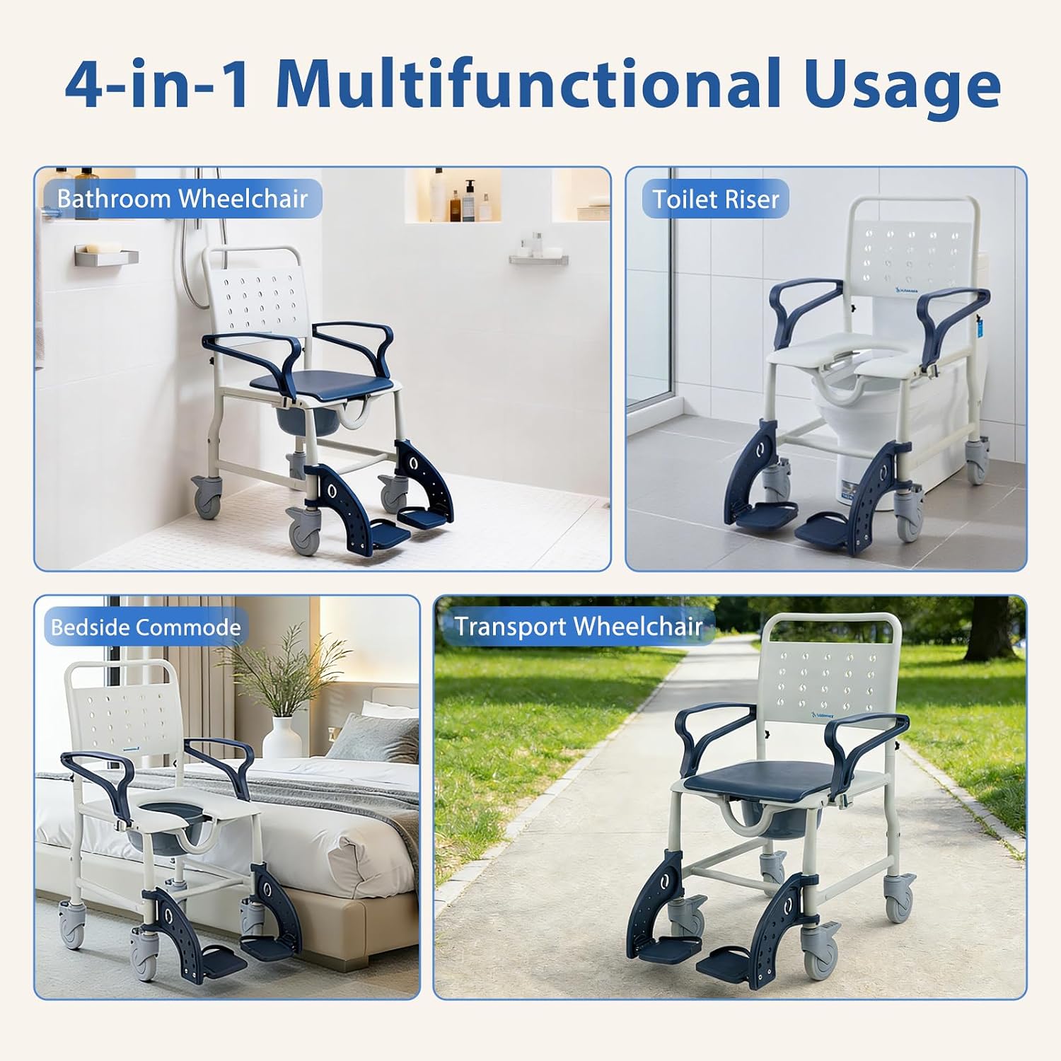 4 in 1 Rolling Shower Chair with Wheels for Elderly and Disabled,Transport Bathroom Shower WheelChairs,with Safety Locking Wheels & Padded Seat, Bedside Commode Chair for Seniors, Blue