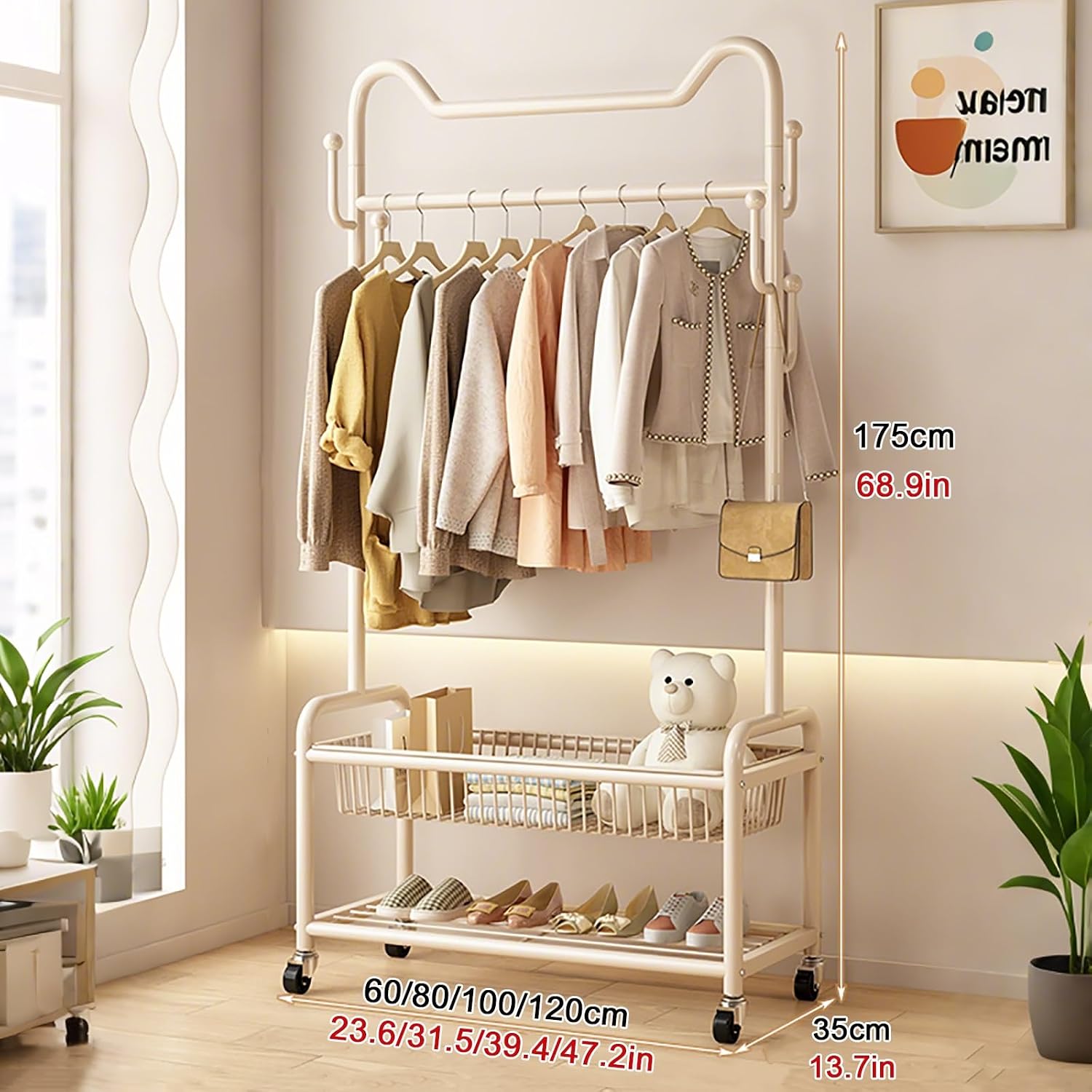 Clothes Rack For Hanging Clothes,Portable Rolling Garment Racks With Wheels And Hooks,Metal Freestanding Coat Rack With Storage Shelves,Clothing Rack For Bedroom(60cm(23.6in))