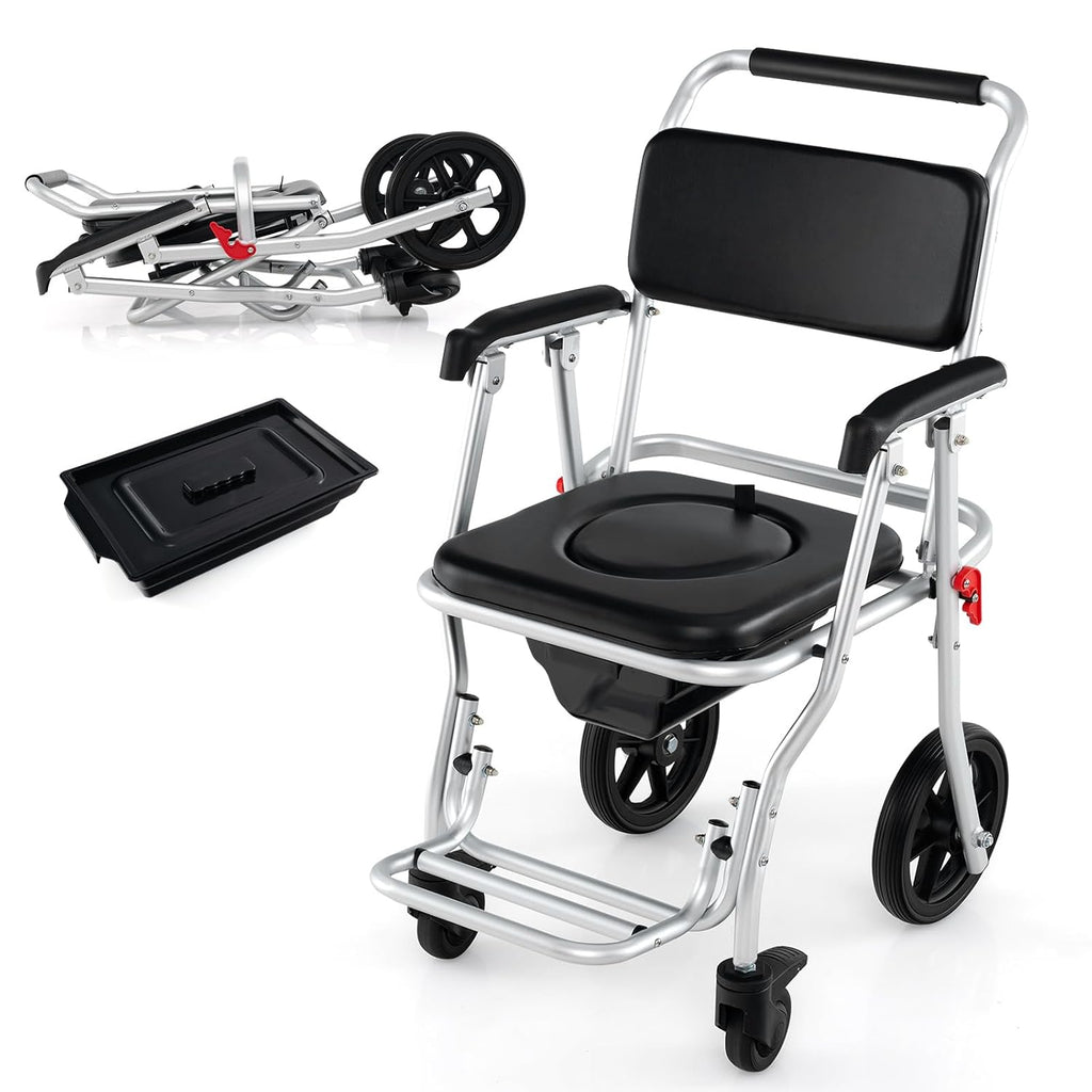 Giantex Bedside Commode Wheelchair for Toilet - Foldable Shower Chair with Arms, Lockable Casters, Detachable Bucket, Transport Wheelchair, Rolling Bath Chair, Shower Seats for Elderly, Handicap