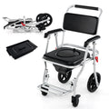 Giantex Bedside Commode Wheelchair for Toilet - Foldable Shower Chair with Arms, Lockable Casters, Detachable Bucket, Transport Wheelchair, Rolling Bath Chair, Shower Seats for Elderly, Handicap