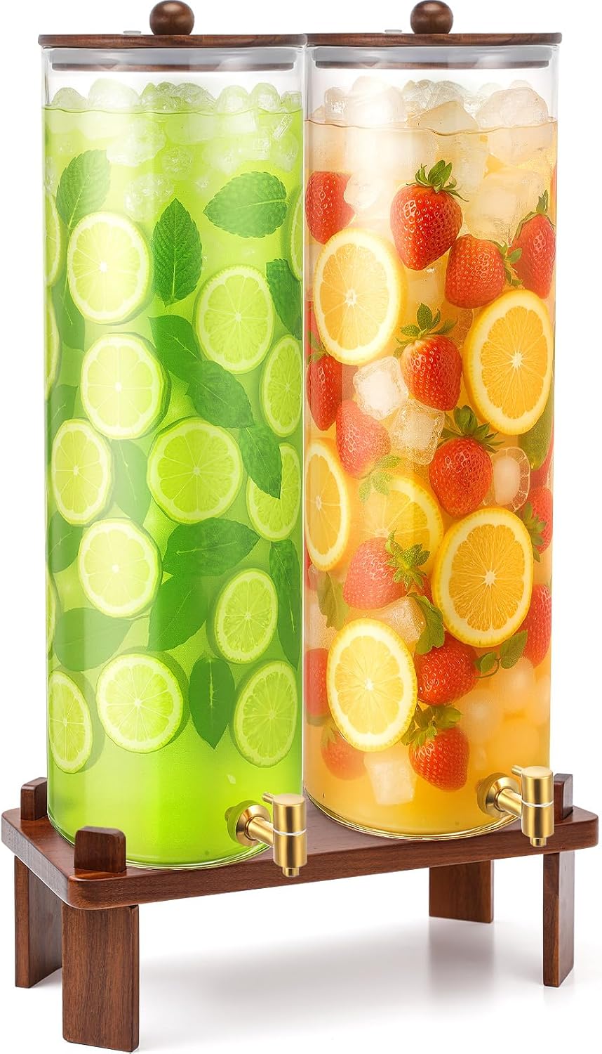 FillTouch 2 Pack 5 Gallon Glass Drink Dispenser with Acacia Wood Stand and Lid, Large Glass Beverage Dispenser with Spigot Perfect for Juice, Tea, Sangria, Lemonade, Weddings, Party, Outdoor Events