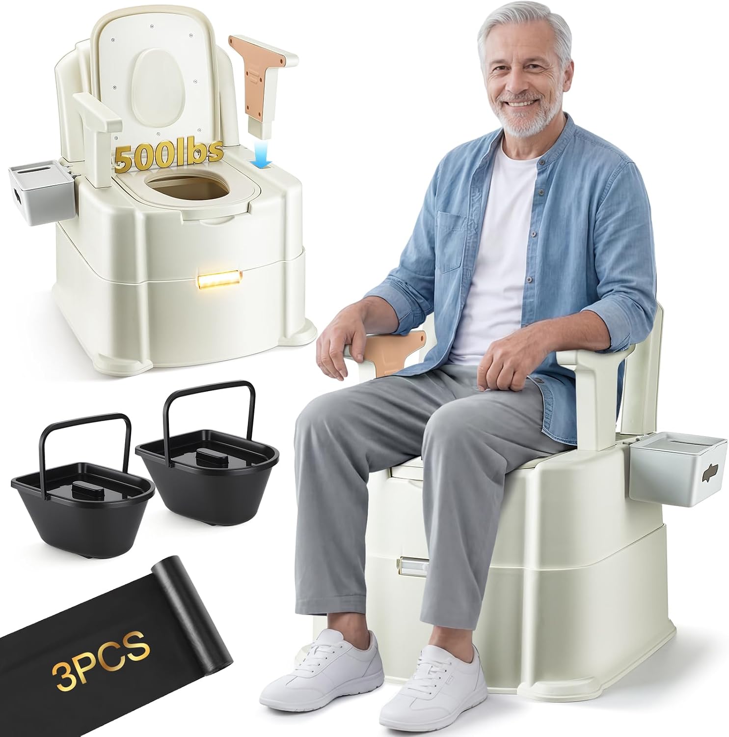 500 Lbs Heavy Duty Bedside Commode, 3-in-1 Portable Potty Chair for Elderly & Adults, Night Toilet with Motion Light, PU Padded Sofa Chair, 2 Heights, Buckets & Tissue Box