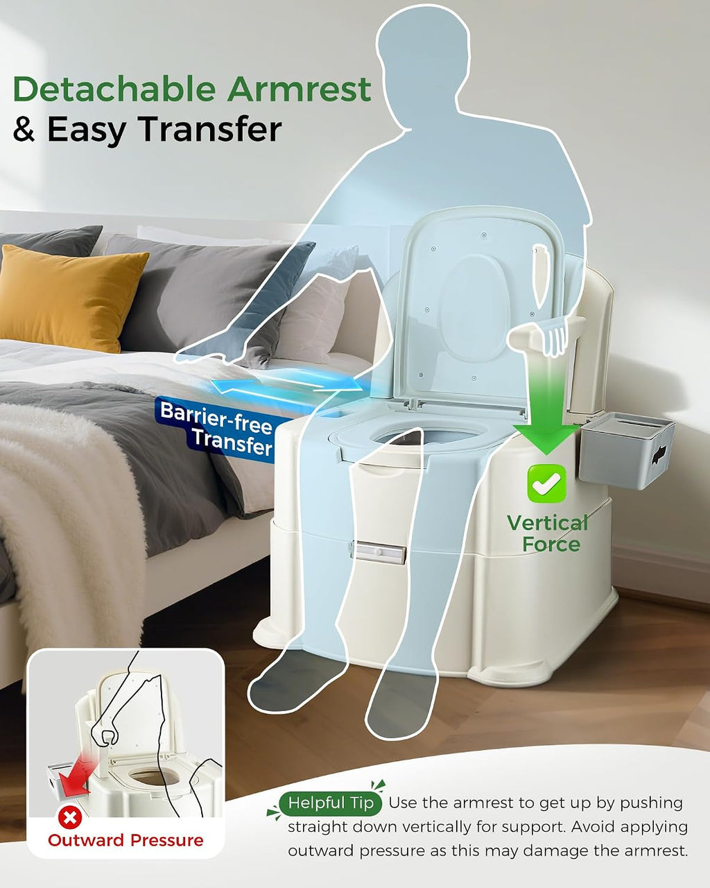 Bedside Commode, 500lbs Heavy Duty & Upgraded Commode Toilet Potty Chair, Portable Camping Toilet, Detachable Armrests, Automatic LED Light, 2-Level Height, 3 Rolls of Commode Liners 【Brown】