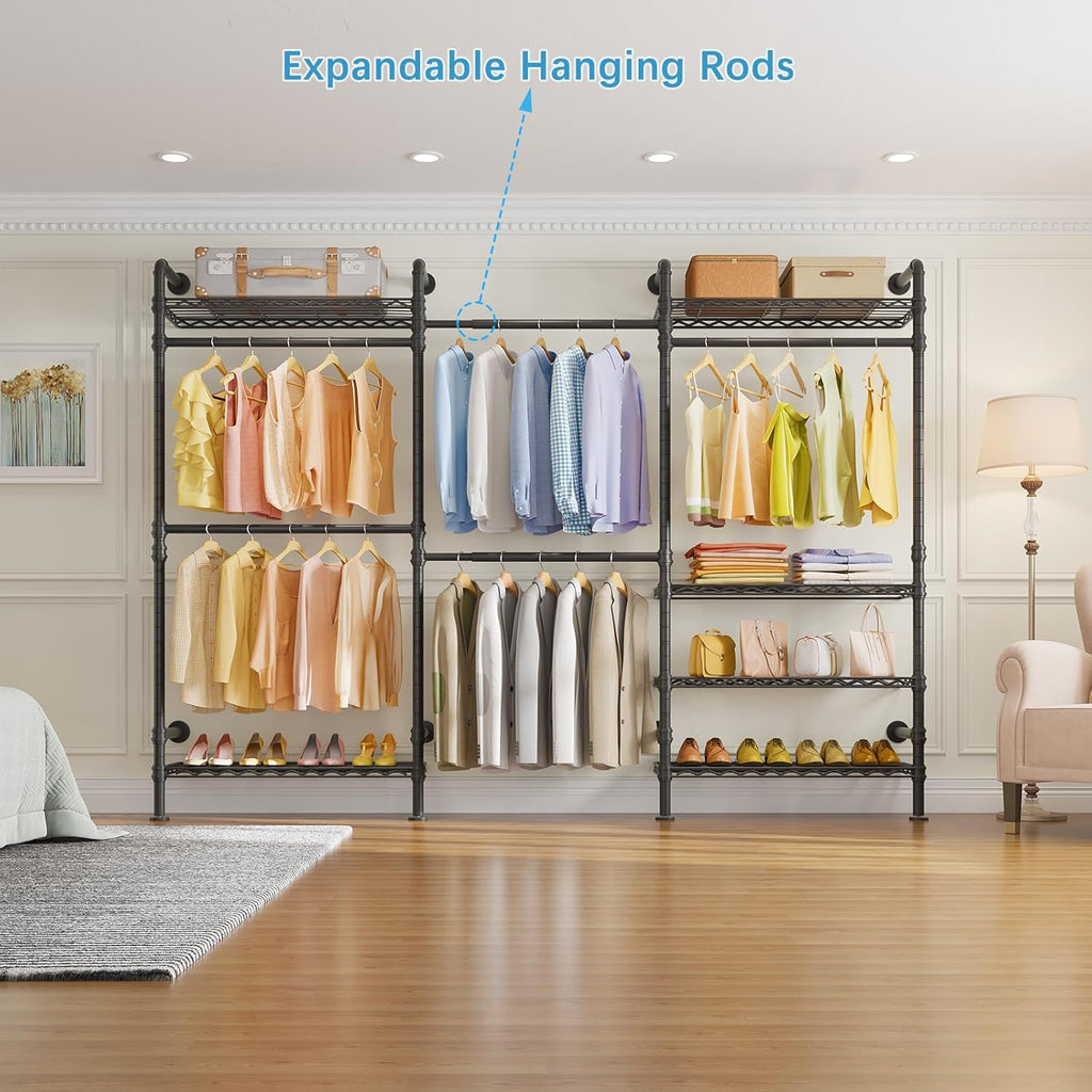 Timate L3 L Shape Garment Rack Heavy Duty Clothes Rack for Hanging Clothes, Expandable Industrial Pipe Wall Mounted Clothing Rack, Adjustable Corner Closet Wardrobe Closet Kit Closet Systems, Black
