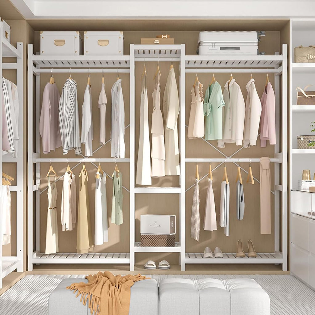 Homykic Bamboo Closet System, Large Clothing Rack for Hanging Clothes, Freestanding Clothes Rack with 7 Shelves & 5 Hanging Rods, Open Wardrobe Closet Organizer Garment Rack with 4 Hooks, Pure White