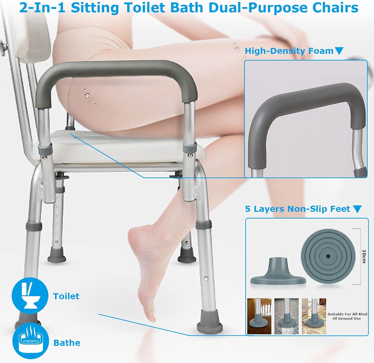 Bedside Commode Chair, Heavy-Duty Raised Toilet Seat with Flip-up Handles and 6-Gears Height Adjustable, Portable Bathroom Potty Chair for Adults