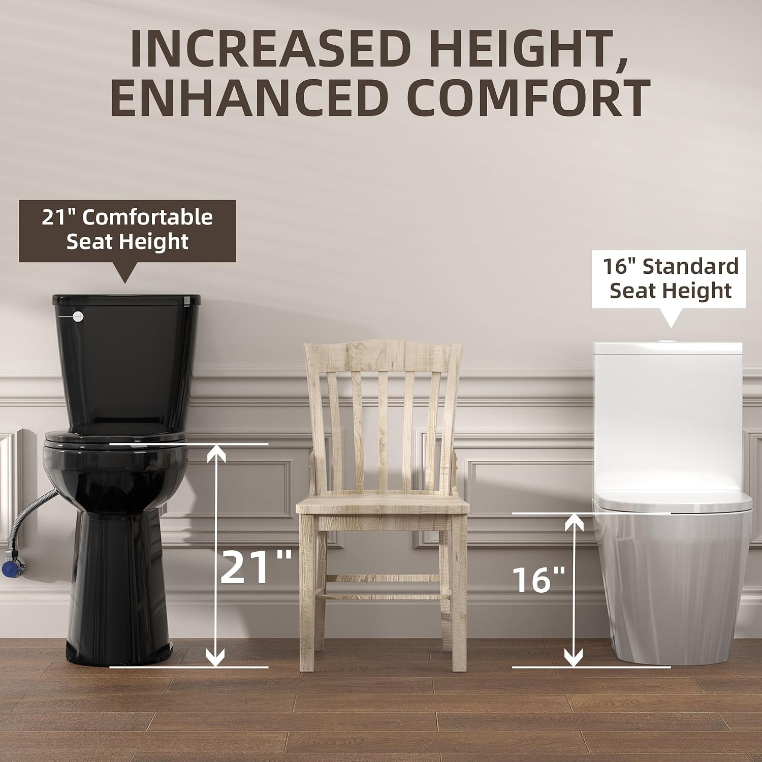 SUPERFLO Black Tall Toilet 21 Inch Extra Tall Toilets for Elderly with 1.28GPF Siphon Flush & Rough in 12 Inch, High Toilet for Seniors & Tall Person