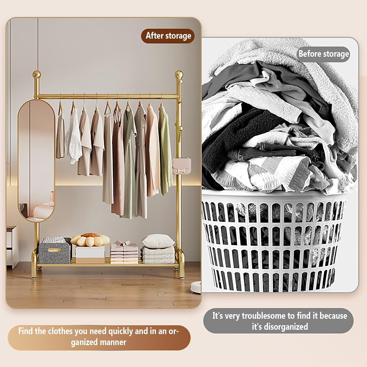 Metal Clothing Rack With 360° Rotating Mirror,Rolling Clothes Rack For Hanging Clothes,Garment Rack With Shelves, Portable Closet Organizer On Wheels For Hanging Clothes(Black,120cm/47.2in)
