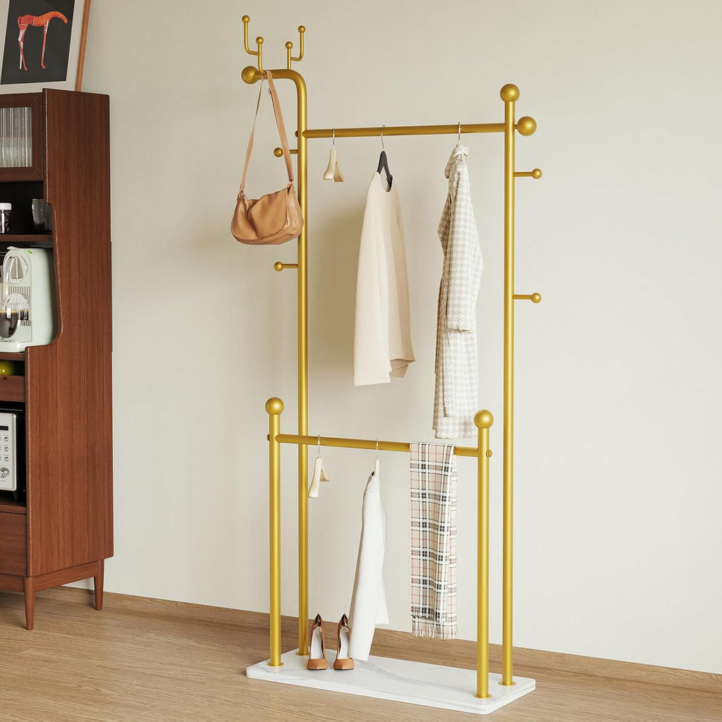 Gold clothing rack marble base,Heavy Duty Clothes Rack for Hanging Clothes,Double Rail Garment Rack with Hooks for Home Retail Boutique (gold)