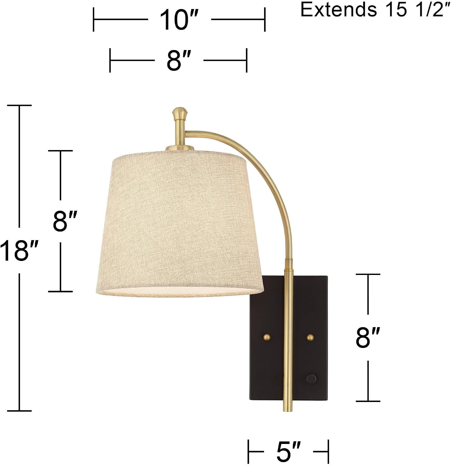 360 Lighting Chester Modern Swing Arm Wall Lamps Set of 2 Brass Black Metal Plug-in Light Fixture Tan Fabric Drum Shade for Bedroom Bedside House Reading Living Room Home Hallway Dining