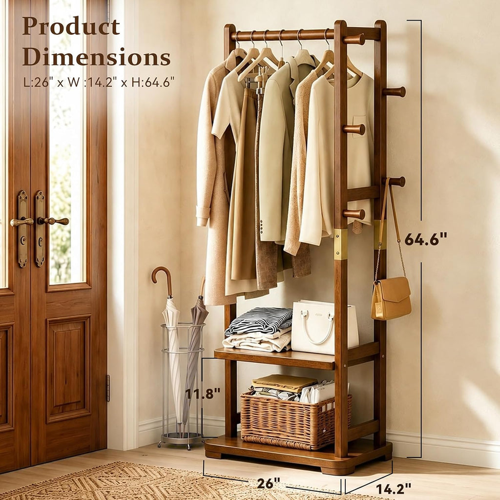 Taitiy Coat Rack Solid Wood Clothes Rack with 2 Shelves & 5 Hooks for Hanging Clothes Garment Wallets Hats, Clothing Rack Coat Rack Freestanding Hall Tree with Storage for Hallway Bedroom Living Room