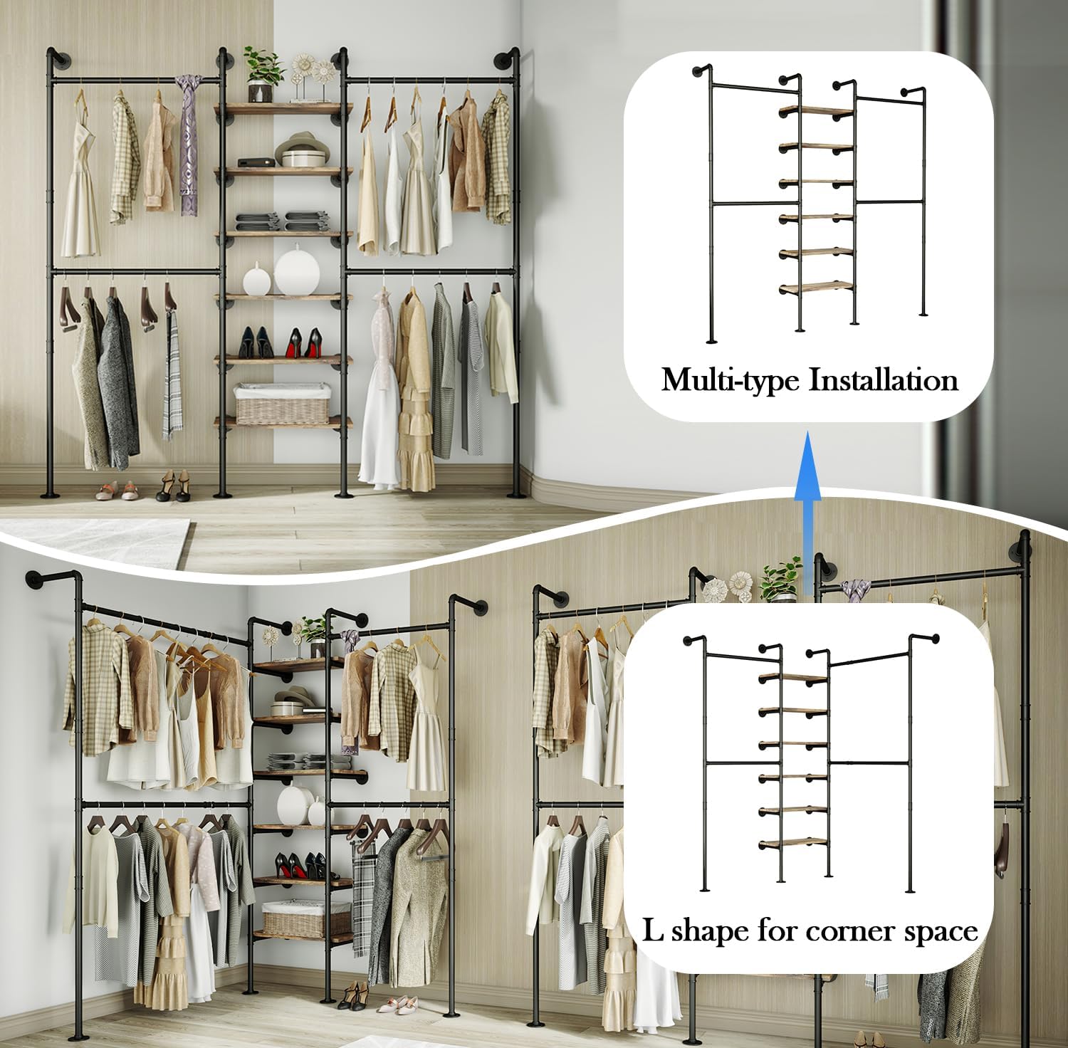HKaikzo Wall Mounted Closet System 85' H×81' W, Industrial Pipe Clothing Rack for Walk-in Closet with 6 Shelves, Heavy Duty 200LBS Garment Rack, Color-Coded Assembly, 3 Layout Options, Black