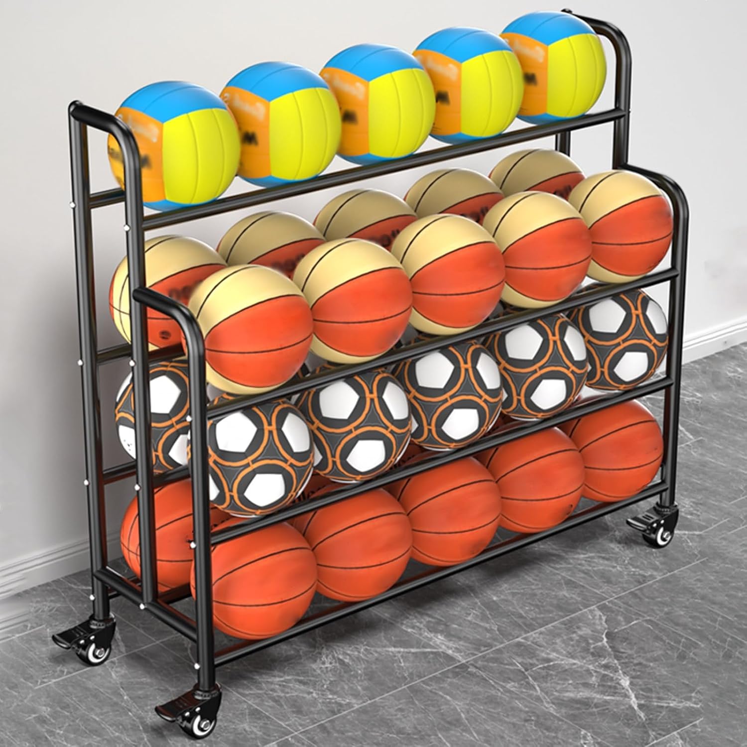 Home Gym Organizer Rack Black Basketball Rack Cart, Lockable Rolling Balls Holder for Gym/Family/Garage/School/Club Display, Freestanding Volleyball Football Organizer Holder