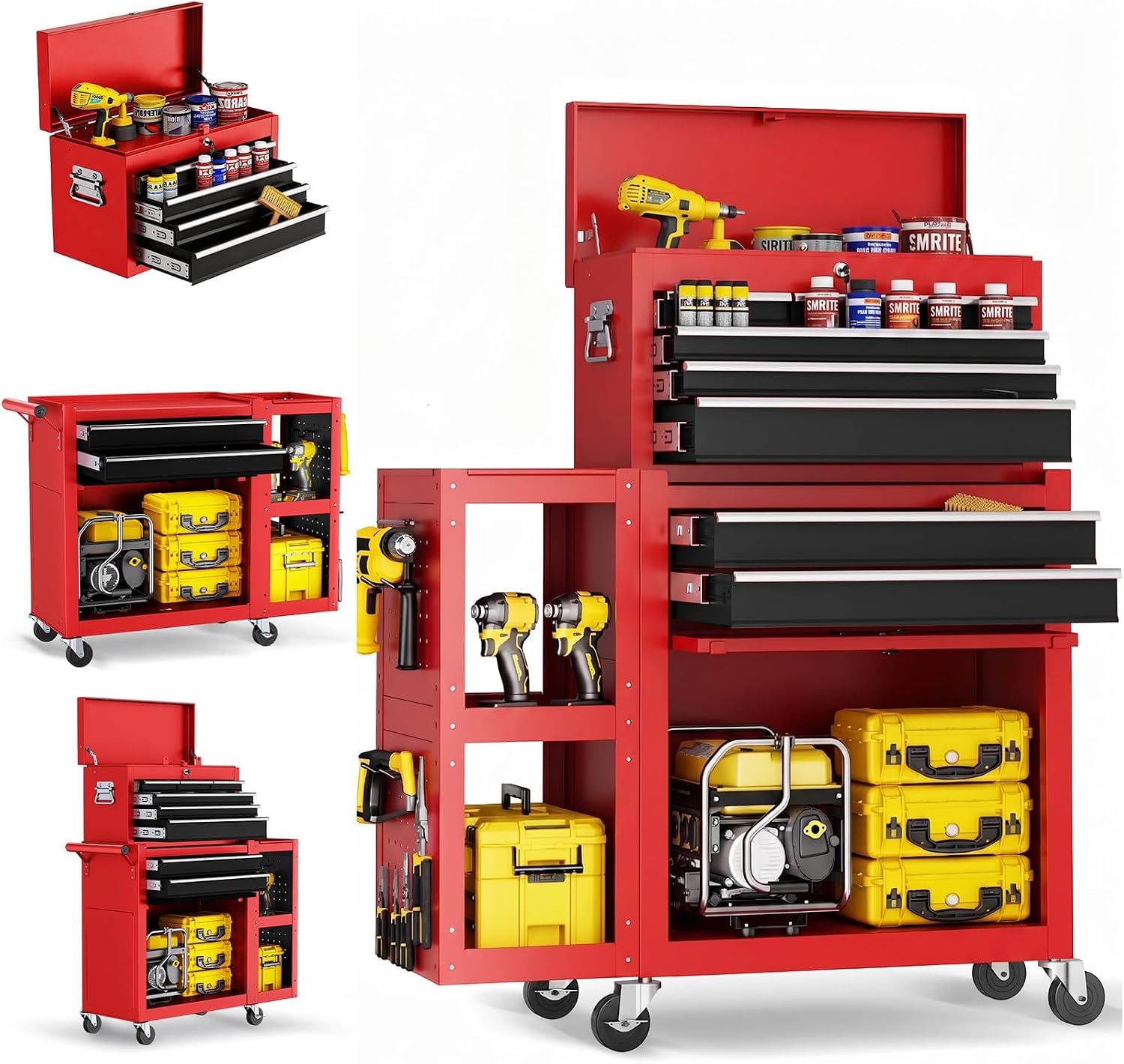 SILVEL 8-Drawer Rolling Tool Chest, 3-in-1 Lockable Tool Box on Wheels with Detachable Top Toolbox & Bottom Storage Cabinet Cart for Garage, Workshop, Repair Room, Warehouse (Red)