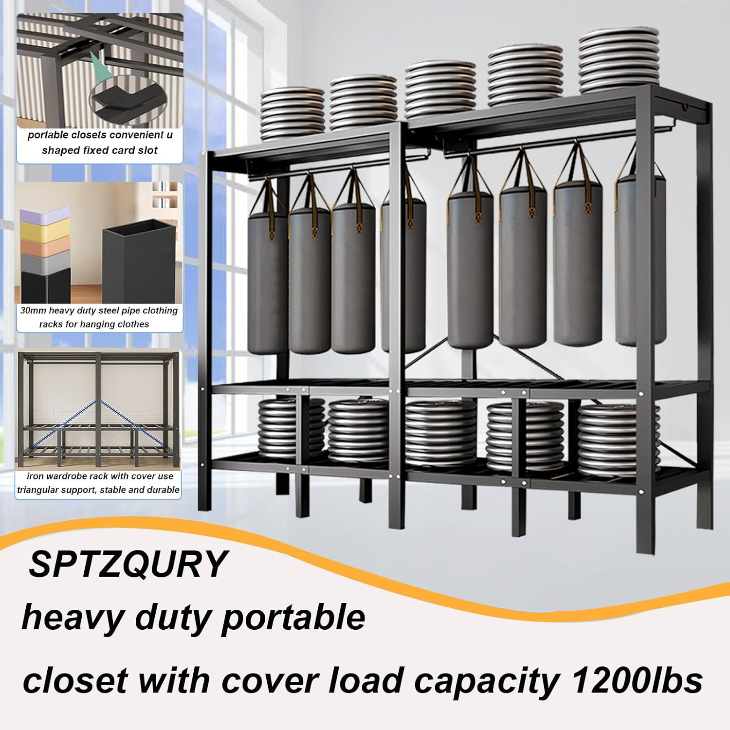 Foldable Portable Closet Wardrobe on Wheel Heavy Duty Metal Clothing Rack with Cover Freestanding Armoire Storage System Rolling Garment Racks for Hanging Clothes (D,Black Cover, 125cm/49.2in)
