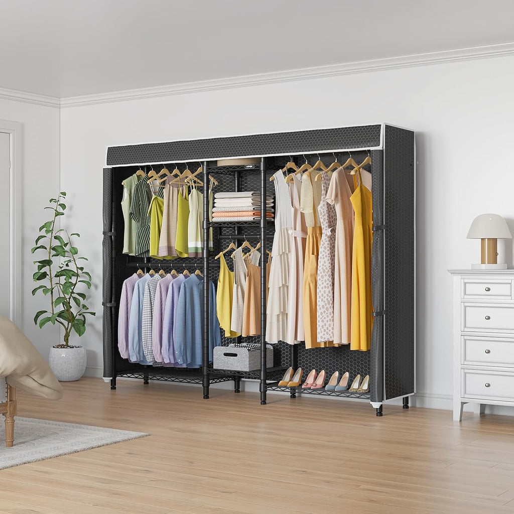 VIPEK Classic V6C Heavy Duty 5 Tiers Wire Garment Rack Large Size Wardrobe Closet Black Metal Clothing With Oxford Fabric Cover, 70.1' L x 17.3' W x 76.4' H, Max Load 870 LBS