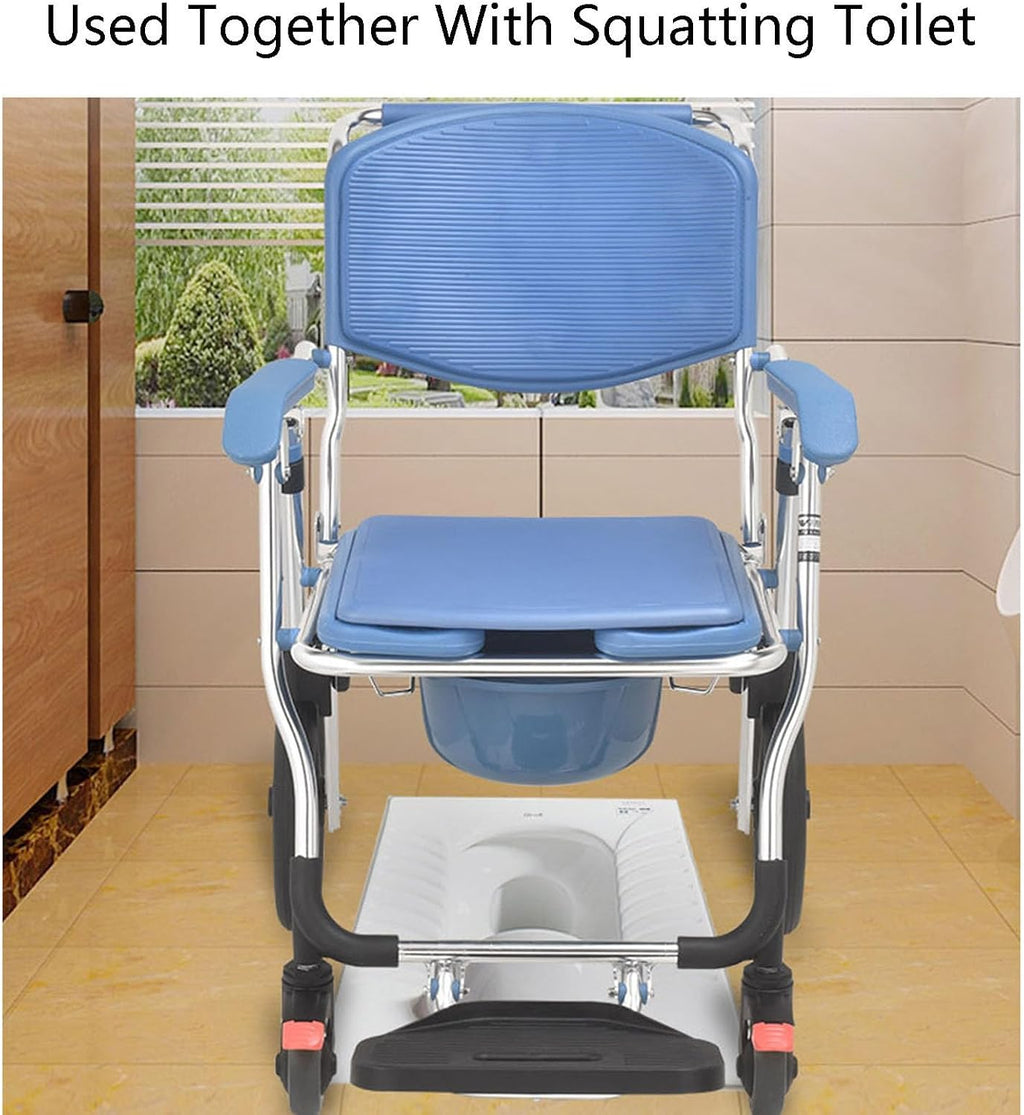 Raised Toilet Seat with Handles Up to 320lbs, Elevated Handicap Toilet Seat Riser for Seniors with Soft Padded with 4 Brakes Casters, Stand Alone Toilet Frame, Fit Any Toilet, Blue