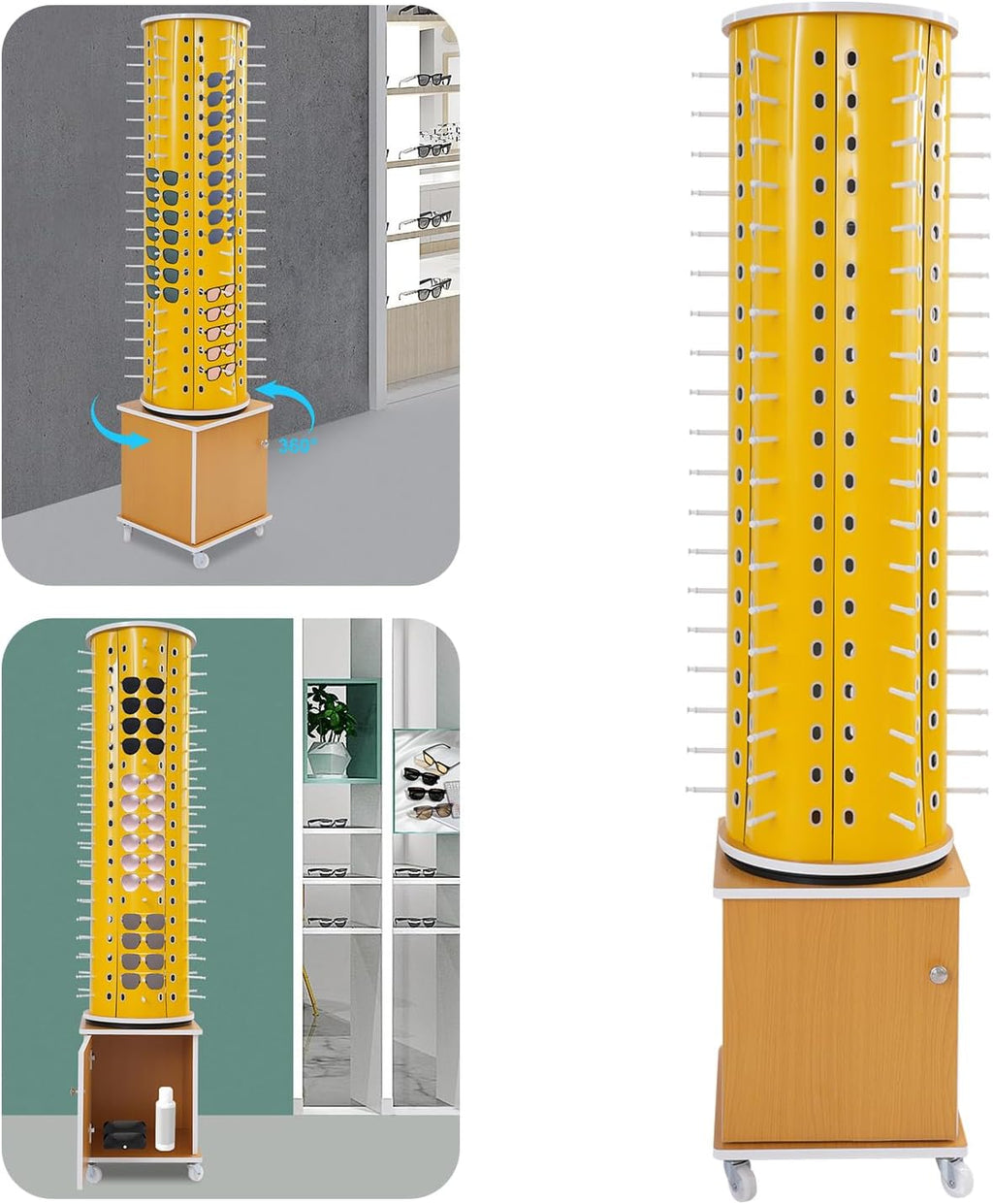 Glasses Display Stand, 114-Pair Eyewear Storage Rack for Sunglasses & Reading Glasses, 360°Swivel Commercial Eyeglass Organizer for Optical Shop, Jewelry Store, Retail Display (Yellow)