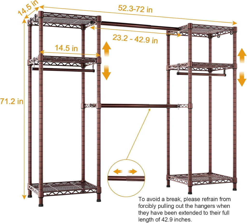 Ulif E7 Garment Rack, Heavy Duty Clothes Storage System with Extendable Hangers Rods, Metal Clothing Rack with 6 Wire Shelves, (52.3'-72') W x 14.5' D x 71.2' H, Load 838lbs, Bronze