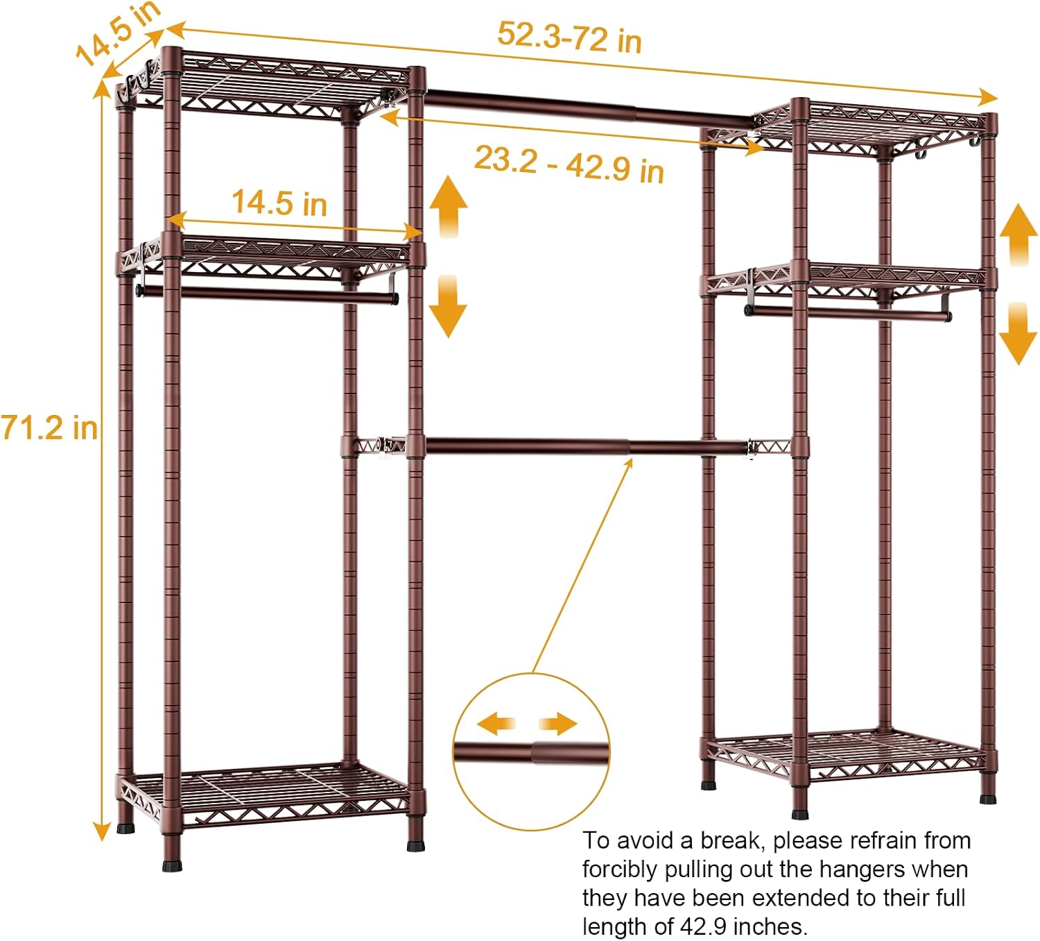 Ulif E7 Garment Rack, Heavy Duty Clothes Storage System with Extendable Hangers Rods, Metal Clothing Rack with 6 Wire Shelves, (52.3'-72') W x 14.5' D x 71.2' H, Load 838lbs, Bronze