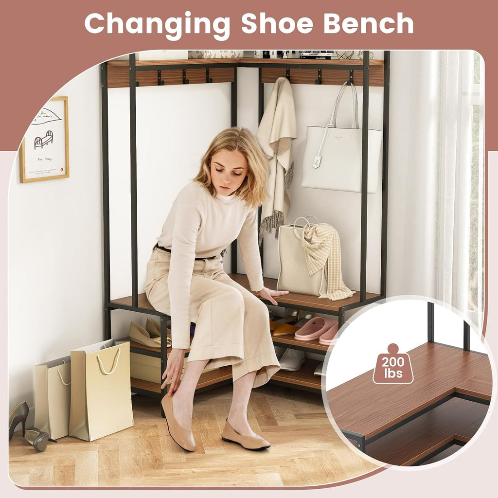 Giantex Corner Coat Rack with Shoe Bench, L-Shaped Garment Rack with 5 Shelves & 7 Hooks, Heavy Duty Freestanding Clothes Racks Entryway Bench with Shoes Organizer for Hallway (Walnut & Black)