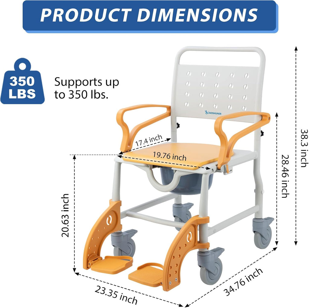 4-in-1 Rolling Shower Commode Chair with Drop Arms & Locking Casters, Anti-Tilt Heavy Duty Bedside Safety Seat for Elderly, High-Visibility Orange, 350lbs Capacity