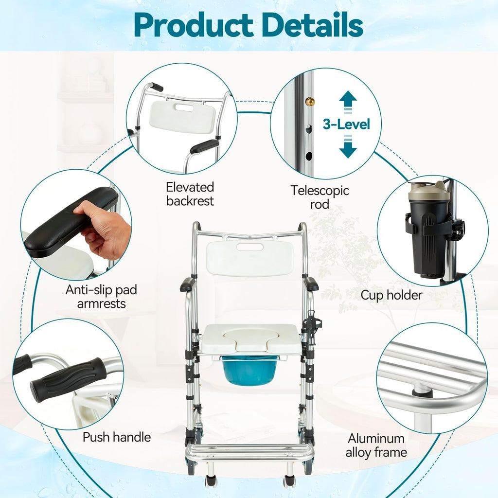 Upgraded 4-in-1 Bedside Commode Chair with Handles, 3-Level Height Adjustable Shower Wheelchair for Elderly, Anti-Tipping Rollout Footrest Transport Toilet Chair, Padded Seat, White