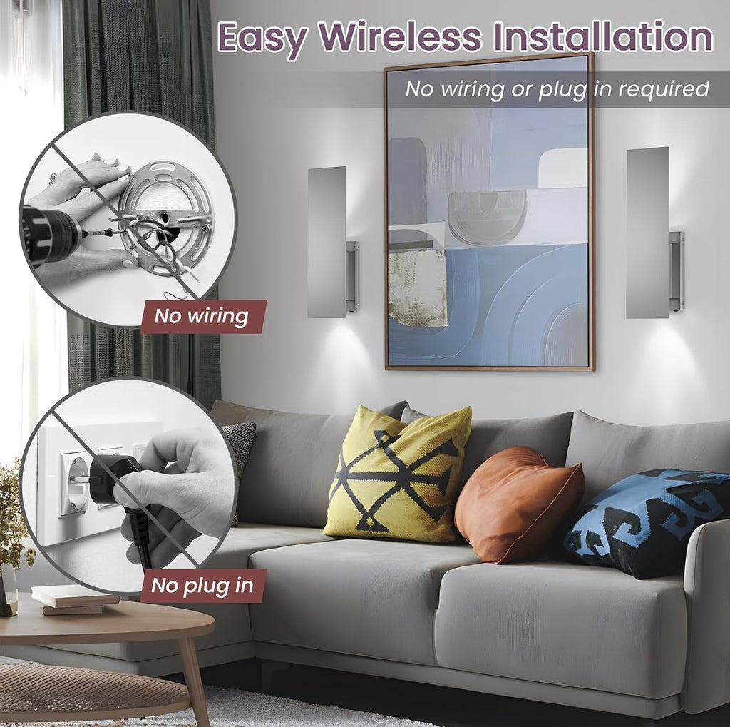Brushed Nickel Battery Operated Wall Sconces Set of Two,Dimmable Wireless Battery Wall Sconce with Remote,USB Rechargeable LED Wall Lights for Living Room Bedroom Hallway (Brushed Nickel)