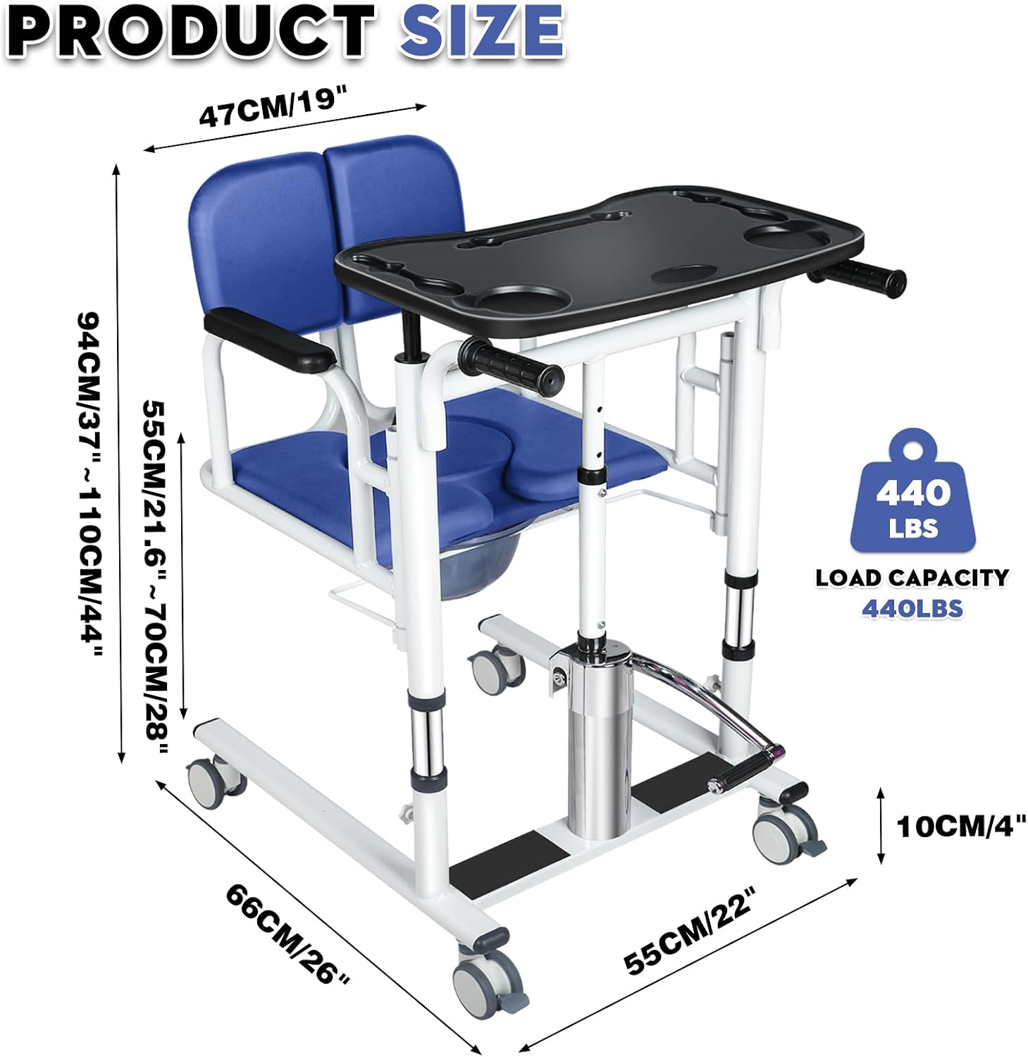 Patient Lift Transfer Chair - Heavy Duty Shower Commode Chair with Toilet Safety Frame (Dual A - Blue)