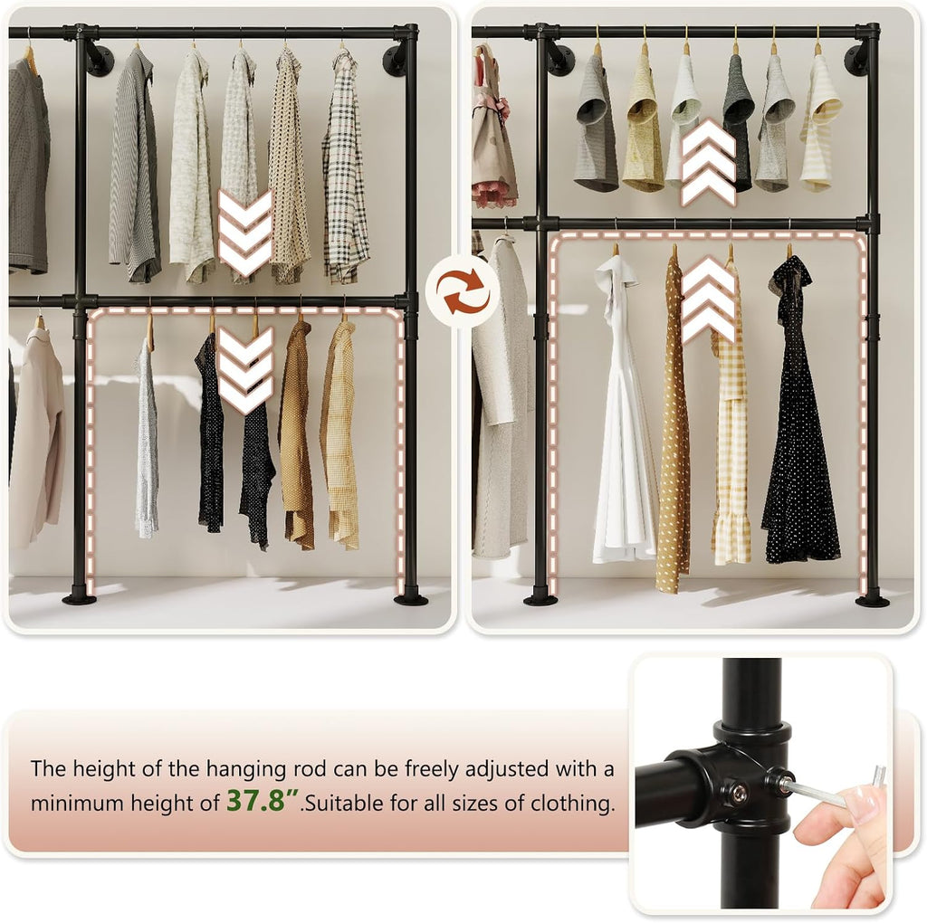 KELIXU 114.4' Industrial Pipe Clothing Rack for Wall Adjustable Height Wall Mounted Clothes Rack for Hanging Clothes, Heavy Duty Walk in Closet Systems, Garment Racks with Double Rods (Three, Black)
