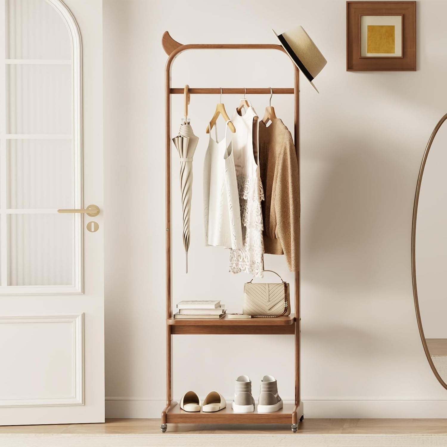 Solid Wood Clothing Racks with Shelves, Rolling Clothes Rack for Hanging Clothes Load 300 LBS, Portable Garment Rack with Wheels for Small Space (Walnut)