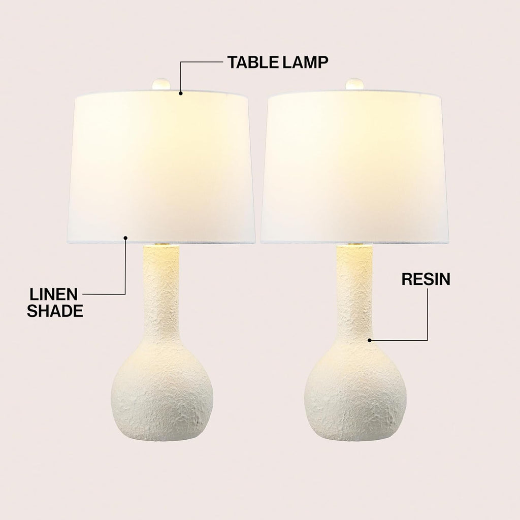 JONATHAN Y 24.75' Antique White Modern Table Lamp Set of 2 for Bedroom, Scandinavian Textured Gourd Lamps for Living Room, White Linen Shade, LED Bulbs Included JYL9207A-SET2
