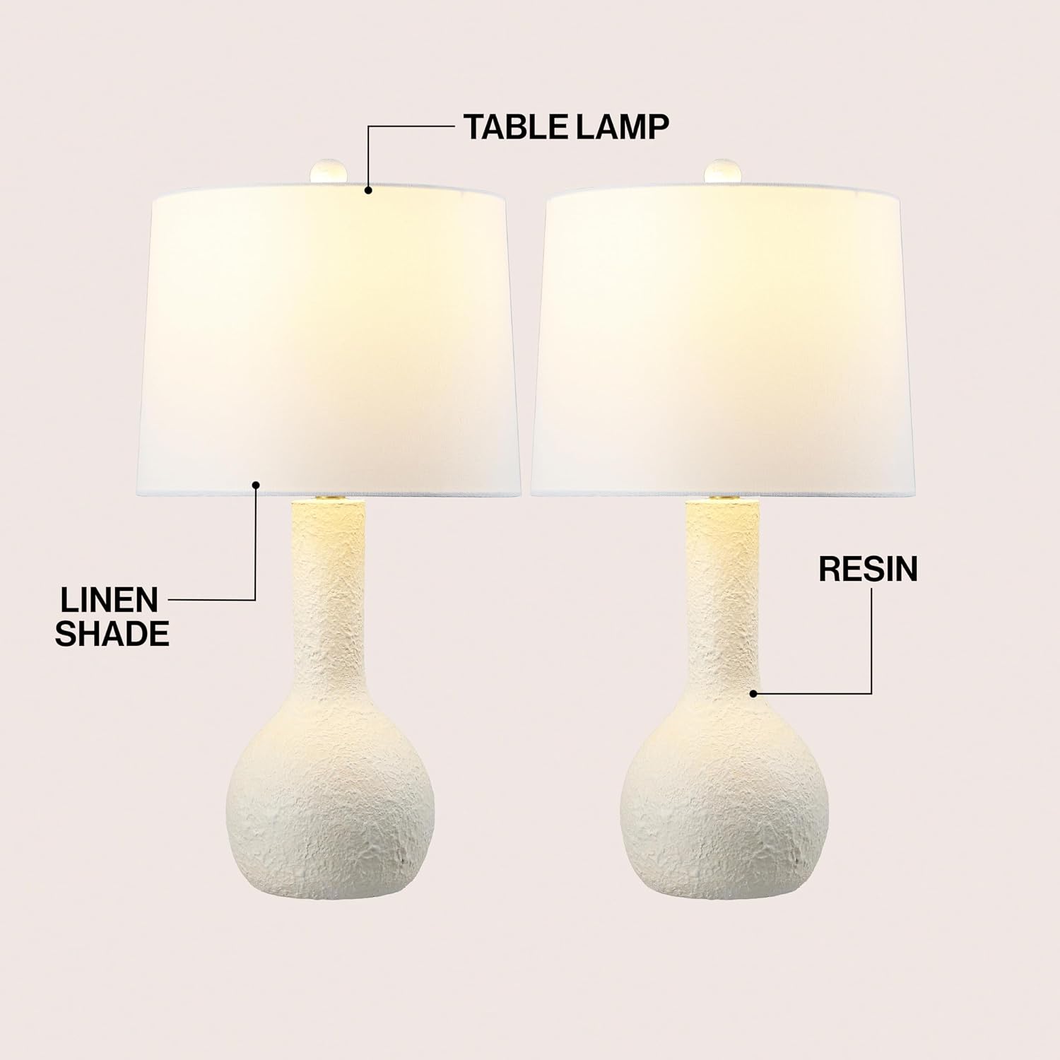 JONATHAN Y 24.75' Antique White Modern Table Lamp Set of 2 for Bedroom, Scandinavian Textured Gourd Lamps for Living Room, White Linen Shade, LED Bulbs Included JYL9207A-SET2