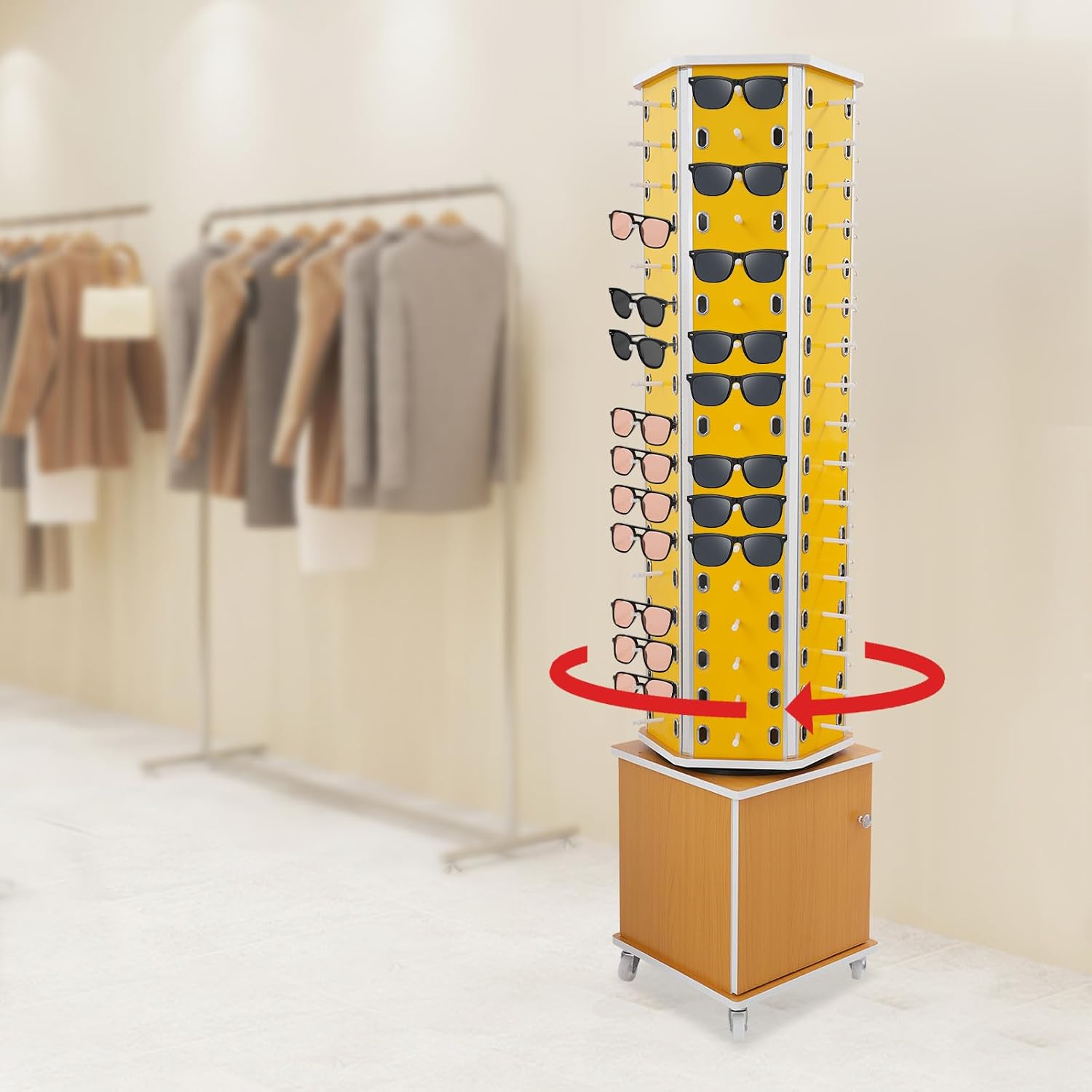 102 Pairs Rotating Glasses Display Stand, Eyewear Storage Organizer with Cabinet & Wheels, Commercial Sunglasses Display Rack, Optical Shop Glasses Holder (Yellow)