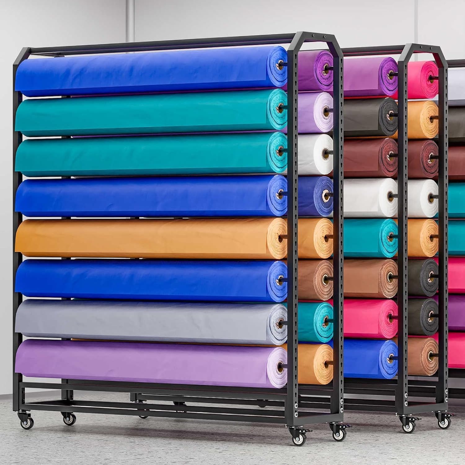 8 rods Commercial Fabric Roll Storage Rack, Large Textile Fabric Display Rack with Adjustable Hanging Rod, Movable Organizer Holder for Vinyl Roll/Leather Roll/Curtain Studio/Wallpaper (8 rods)
