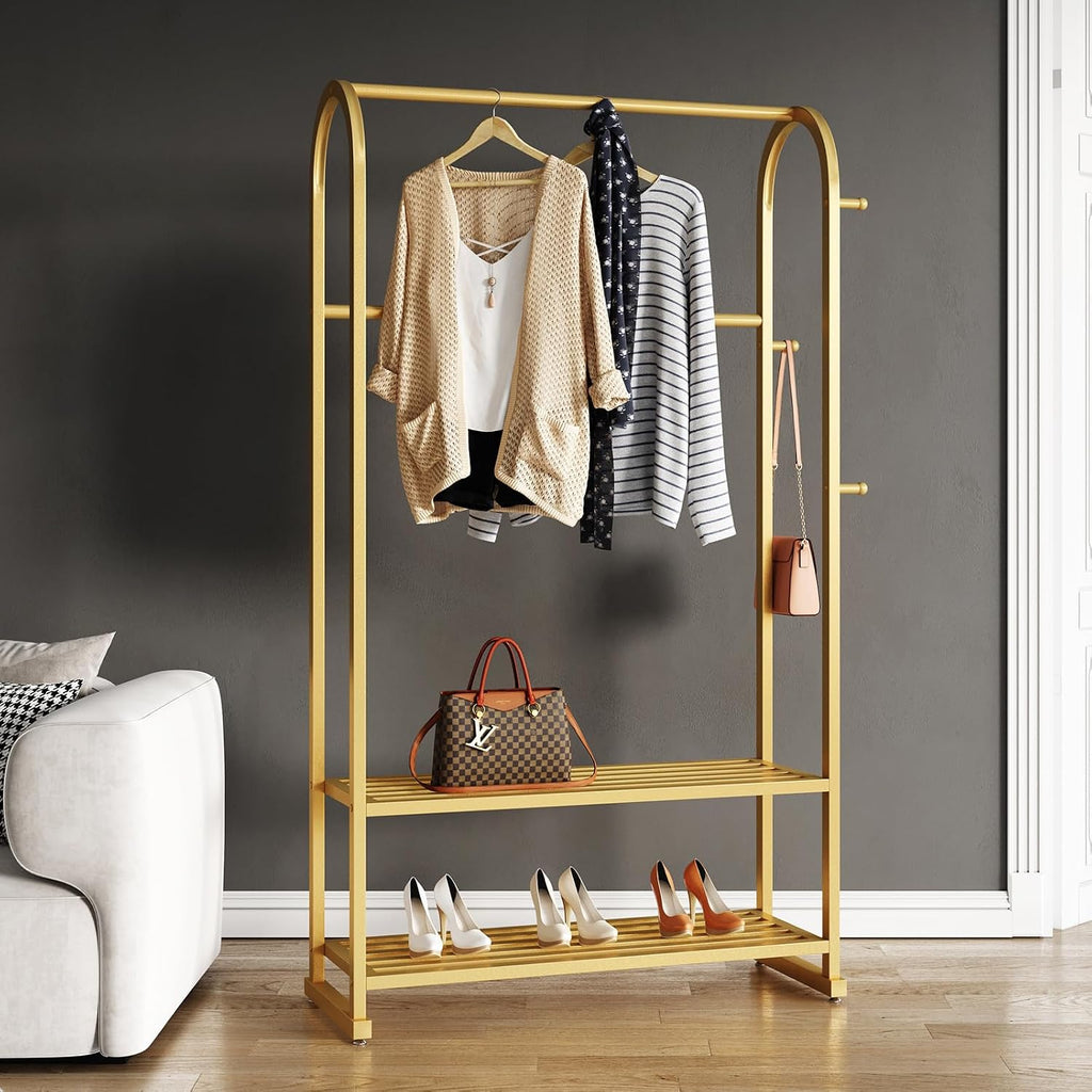Gold Clothing Rack with 2 Shelves and Side Hooks,Freestanding Metal Garment Rack for Hanging Clothes,Heavy Duty Clothes Rack with Shoe Storage,Modern Clothing Rack for Bedroom,Entryway,Closet