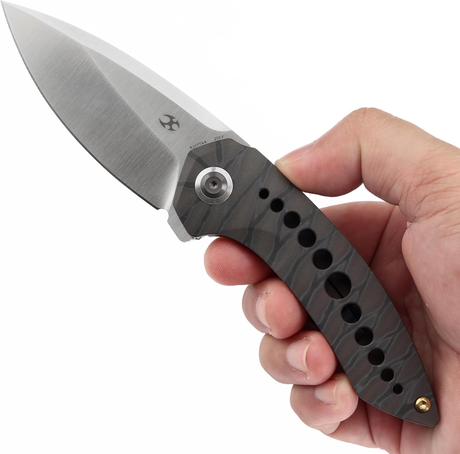 KANSEPT ODD 21 Pocket Folding Knives for Camping Hiking Folding Knife 3.06'' Satin CPM 20CV Blade EDC Knife with Titanium with Tiger Stripe Finish Handle for Men and Women Everyday Carry K1077A4