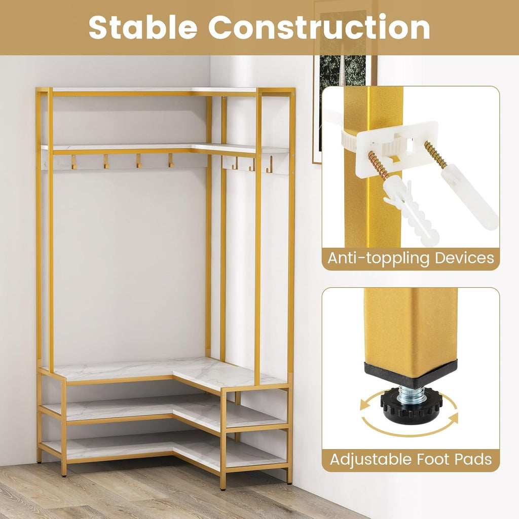 Giantex Corner Coat Rack with Shoe Bench, L-Shaped Garment Rack with 5 Shelves & 7 Hooks, Heavy Duty Freestanding Clothes Racks Entryway Bench with Shoes Organizer for Hallway (White & Gold)