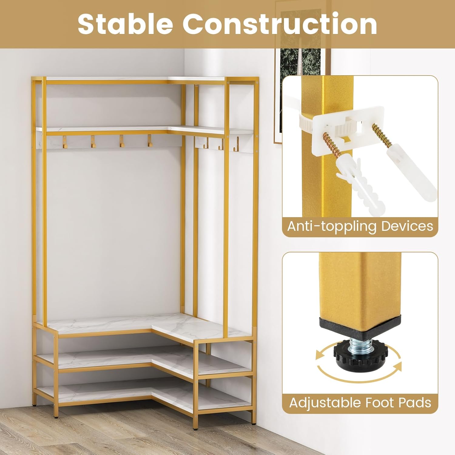 Giantex Corner Coat Rack with Shoe Bench, L-Shaped Garment Rack with 5 Shelves & 7 Hooks, Heavy Duty Freestanding Clothes Racks Entryway Bench with Shoes Organizer for Hallway (White & Gold)