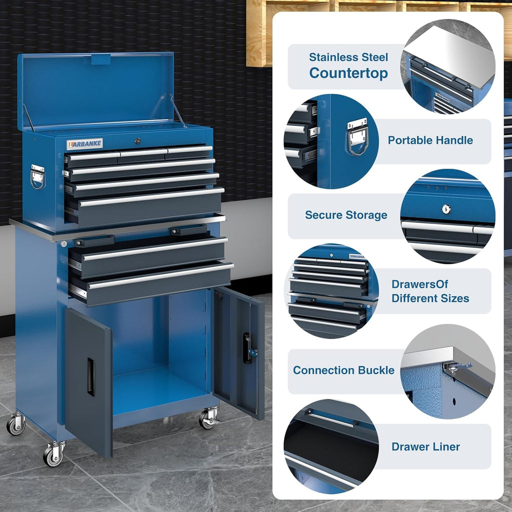 LARBANKE Rolling Tool Chest with Stainless Steel Tabletop,5-Drawer Tool Chest&8-Drawer Tool Box with Connection Buckle,Locking System Storage Cabinet with 360° Brake Swivel Wheels and Foot Pad