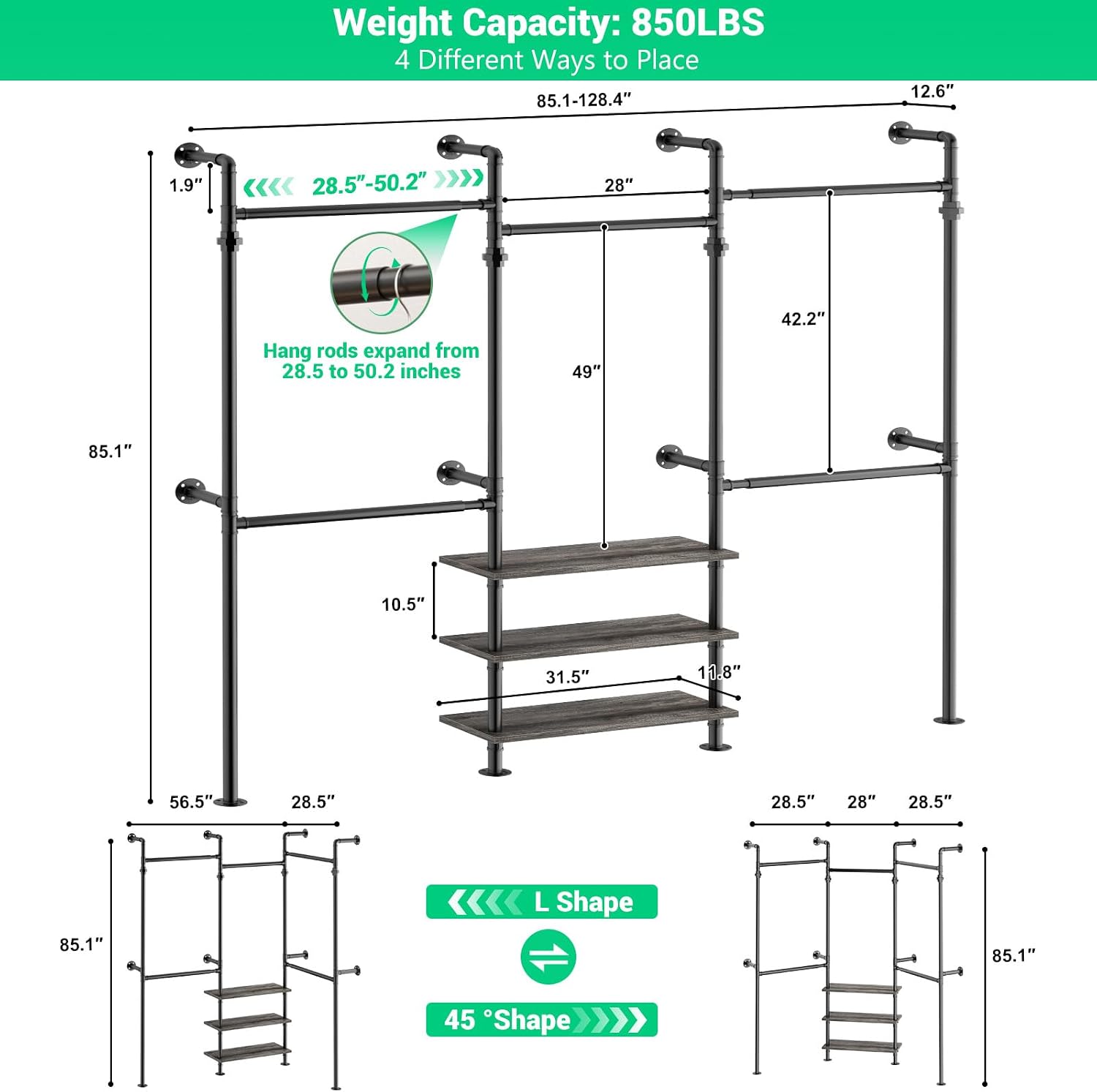 Aheaplus Expandable Industrial Pipe Clothing Rack, 7.3-10.9Ft Wall Mounted Closet System, Reversible L Shaped Clothes Rack for Hanging Clothes,Heavy Duty Corner Wardrobe Closet Garment Rack, Black Oak