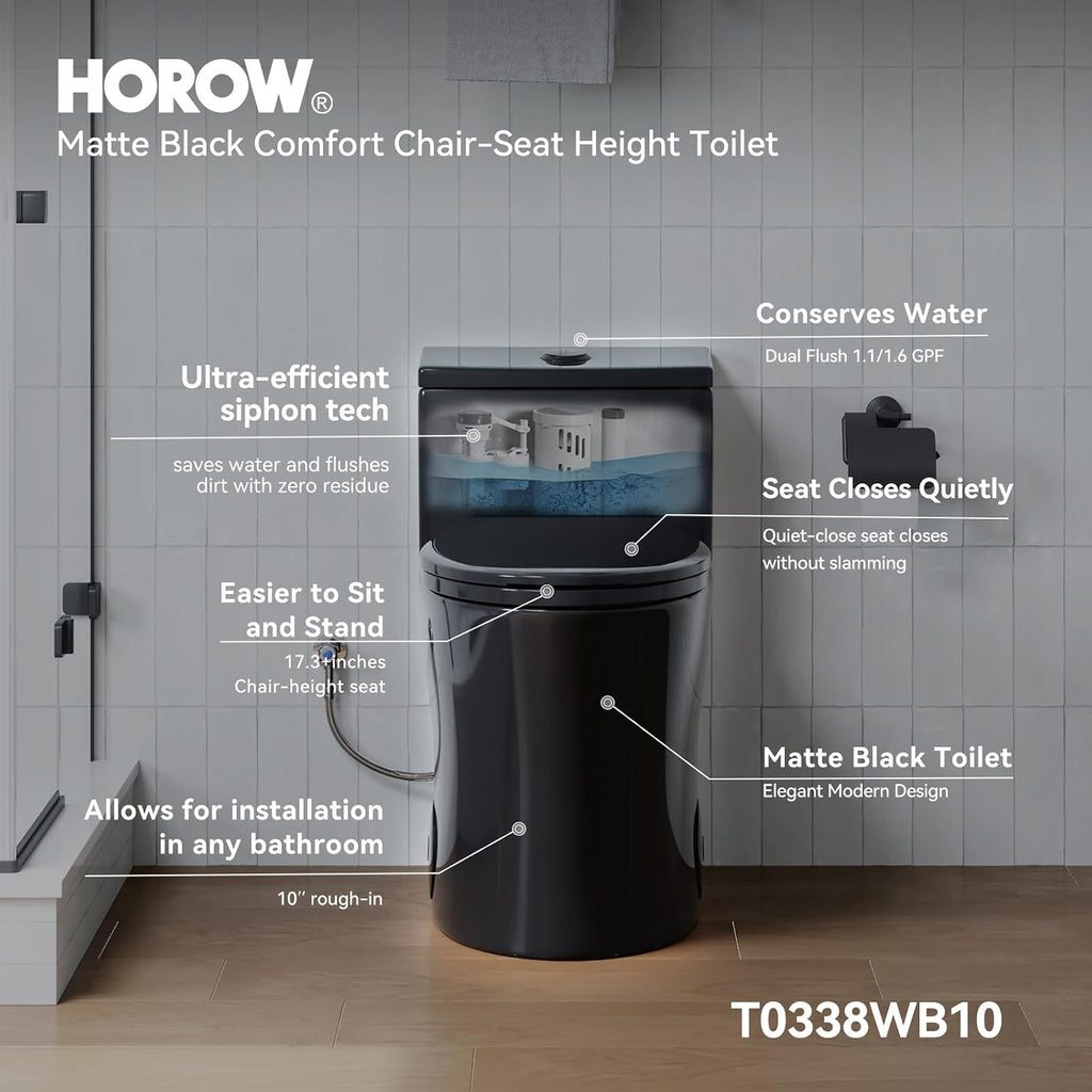 HOROW T0338WB Elongated One Piece Toilet 10' Rough-in, Matte Black Toilet with Comfortable 17.3' ADA Chair Height Seat, Powerful Dual Flush Modern Toilet for Bathroom