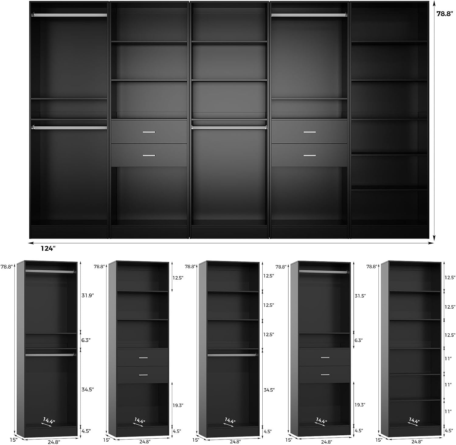 VOWNER Freestanding Closet System with 5 Adjustable Shelves, Wood Closet Organizer System, Walk-in Closet, Clothes Garment Rack, Adjustable Shelving Unit, Wardrobe Closet Bedroom Entryway