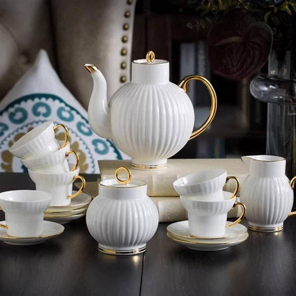 Beverage Serveware 15-piece simple European style gold edge bone china coffee cup and saucer modern teapot and tea cup set Water Carafe