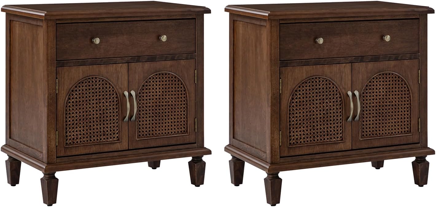 HULALA HOME End Table with Doors and Drawer, Traditional Side Table with Solid Wood Legs, Adjustable Shelf, Charging Station, Walnut
