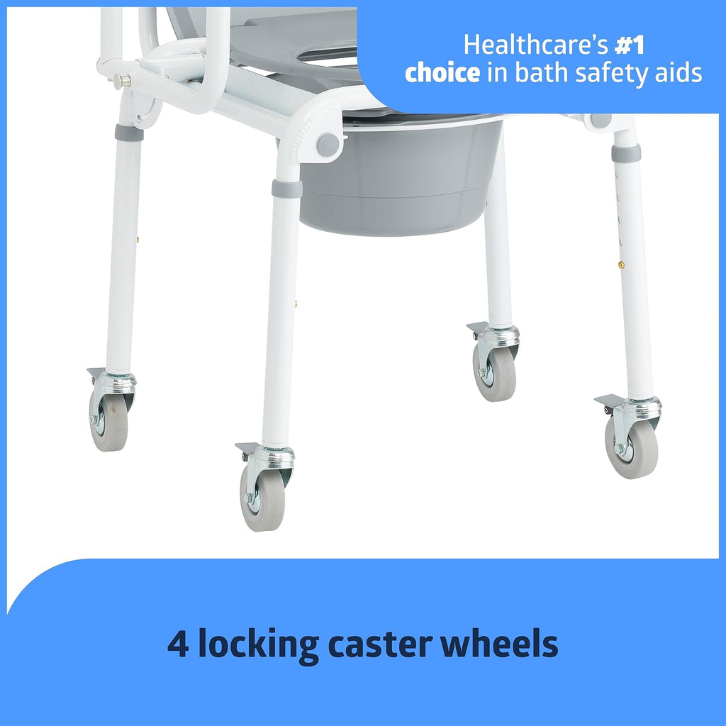 Medline Aluminum Drop-Arm Bathroom Chair Commode with 4 Locking Casters, 300 lbs. Capacity, for Restroom, Elderly, Adults, Bariatric & Wheelchair Transfer to Toilet