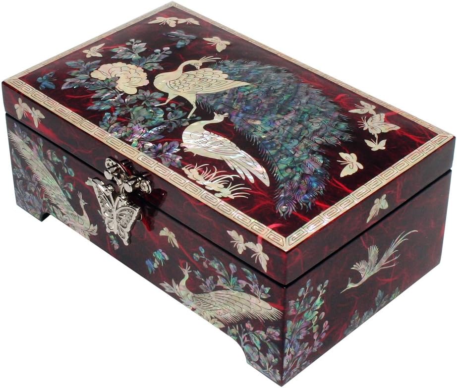 Antique Alive Mother of Pearl Inlay Design Jewelry Box, Wood Jewelry Box, Trinket Case, Keepsake Treasure Chest Box Organizer Holder (Peacock)