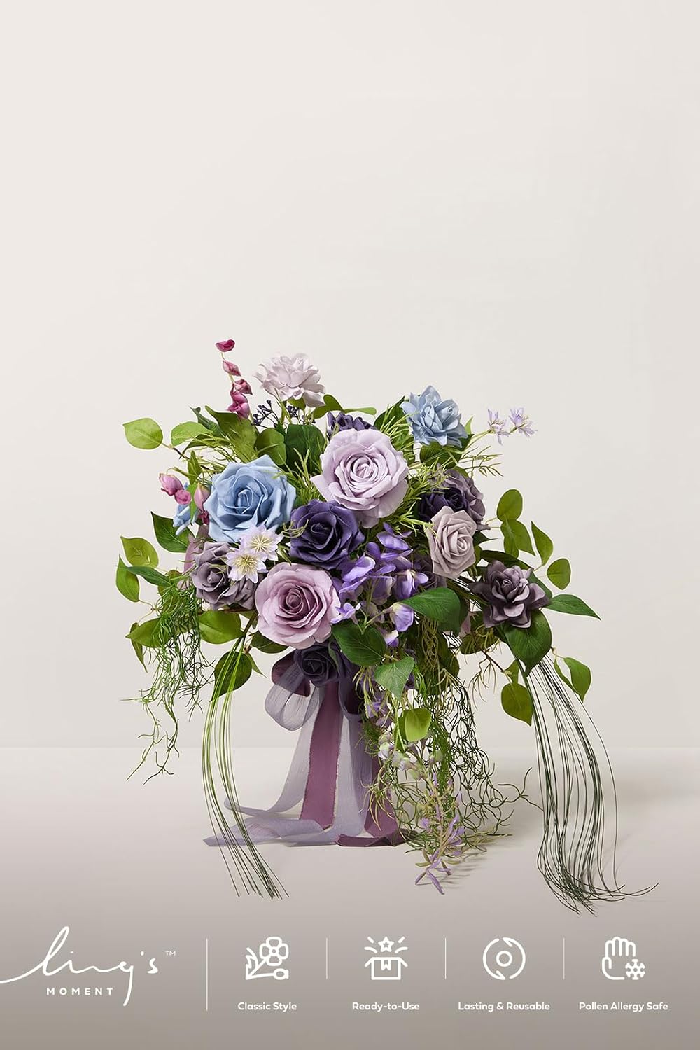 Ling's moment Wedding Artificial Flowers Package, Bridal Bouquet, Bridesmaid Bouquets, Boutonniere for Men, Rose Petals.Sage Purple Provence