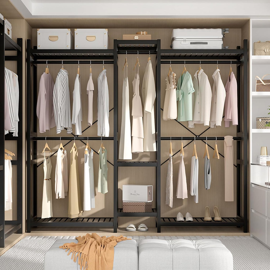 Homykic Bamboo Closet System, Large Clothing Rack for Hanging Clothes, Freestanding Clothes Rack with 7 Shelves & 5 Hanging Rods, Open Wardrobe Closet Organizer Garment Rack with 4 Hooks, Dark Black